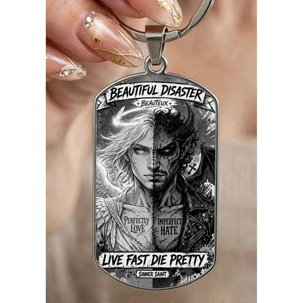 Beautiful Disaster Believe Saint Sinner Scale Stainless Keychain Art Life Live